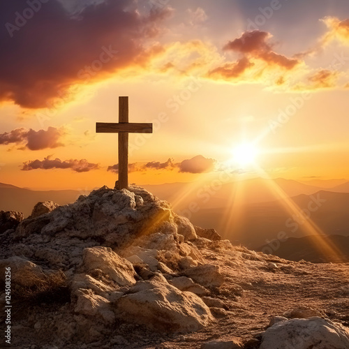 Wooden Cross Stands on Rock...