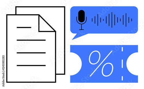 Microphone with sound waves in speech bubble, documents, and percentage symbol depicts communication, documentation, and finance. Ideal for marketing, documentation, audio, savings communication