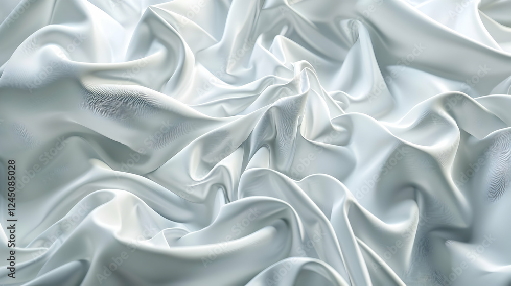 Smooth, flowing white satin fabric draped elegantly, creating soft waves and shadows Smooth, flowing white satin fabric draped elegantly, creating soft waves and shadows