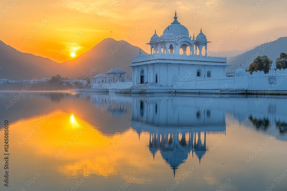 Obraz premium Sunrise over lake temple, mountains backdrop, peaceful scene, travel photography