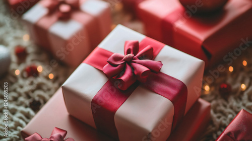 A beautifully wrapped gift box with a red ribbon and festive decorations.