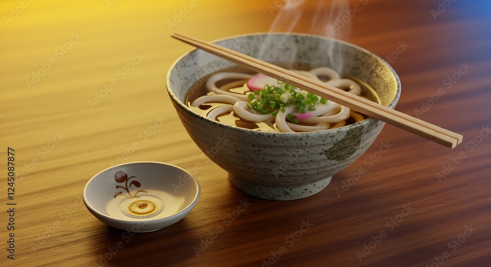A wooden chopstick set resting on a small ceramic chopstick holder, next to a steaming bowl of noodles.