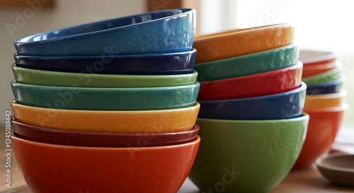 A stack of colorful ceramic bowls in different sizes, ready for serving soup or cereal.