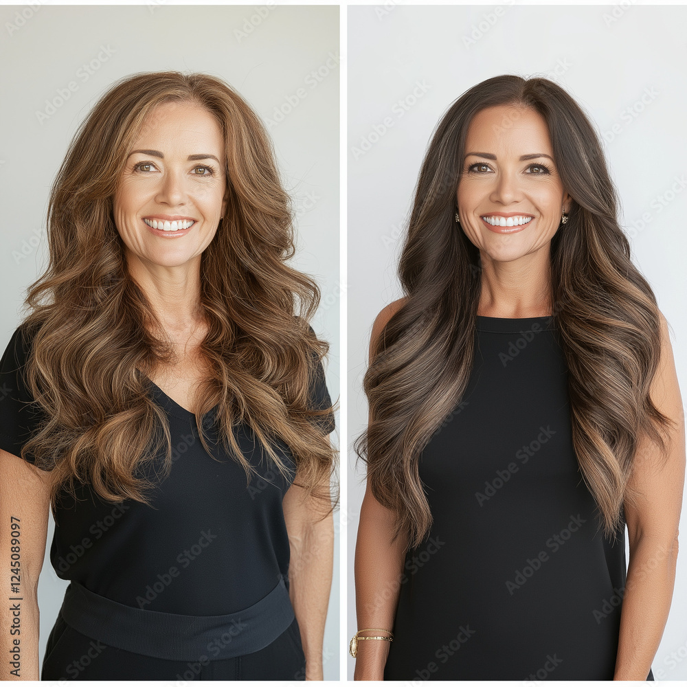Before and After Transformation of Woman With Stylish Long Wavy Hair Before and After Transformation of Woman With Stylish Long Wavy Hair