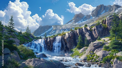 Beautiful waterfall at the mountain blue sky photo