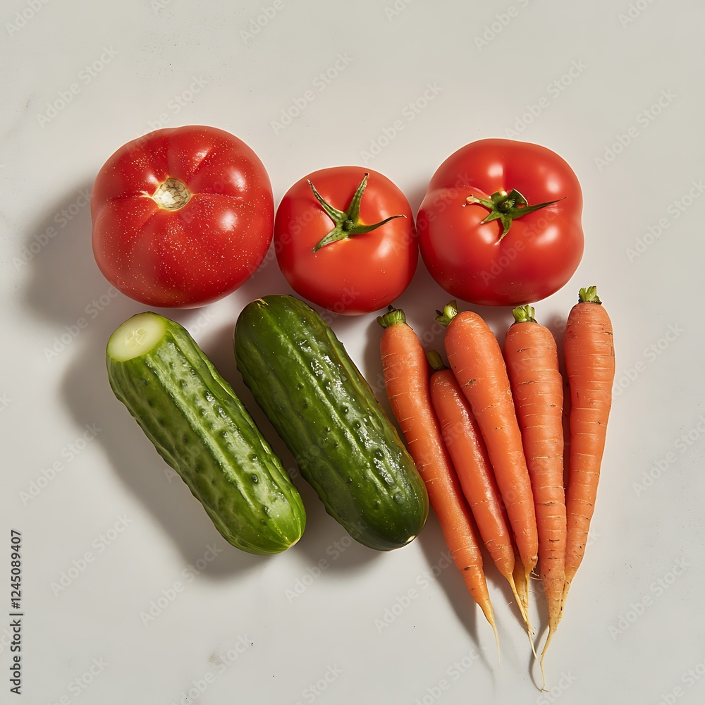 Fresh tomatoes, cucumbers, carrots on white Fresh tomatoes, cucumbers, carrots on white