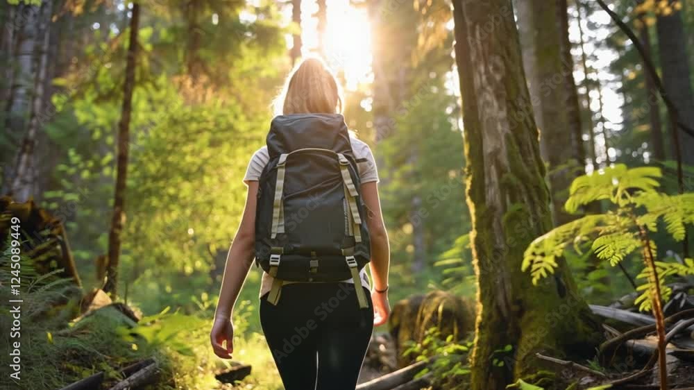Woman Hiking Through a Lush Forest Trail at Sunset Woman Hiking Through a Lush Forest Trail at Sunset