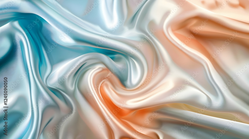 Fototapeta premium Abstract silk fabric in soft hues of blue and orange, creating a fluid, elegant texture