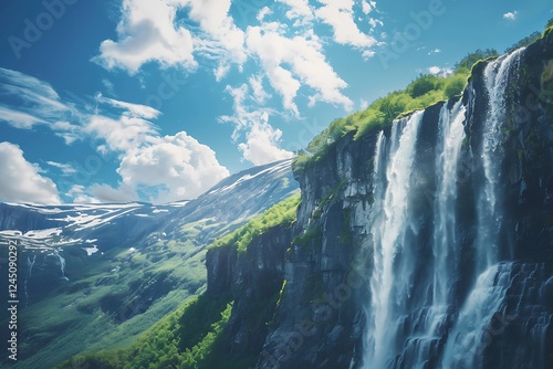 Beautiful waterfall at the mountain blue sky