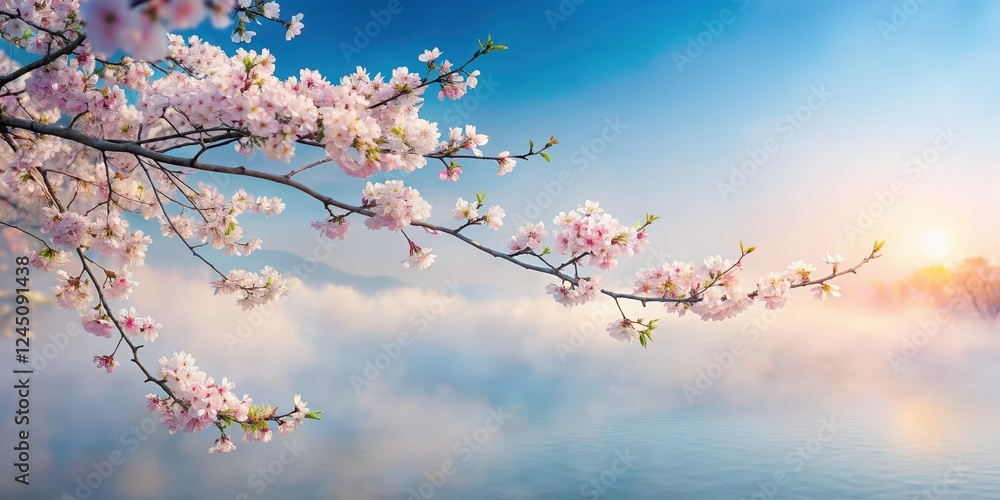 Serene landscape with delicate cherry blossom branches amidst a soft, white fog, set against a gentle, gradient blue sky with hints of pale gold and pink hues , blue, gradient Serene landscape with delicate cherry blossom branches amidst a soft, white fog, set against a gentle, gradient blue sky with hints of pale gold and pink hues , blue, gradient