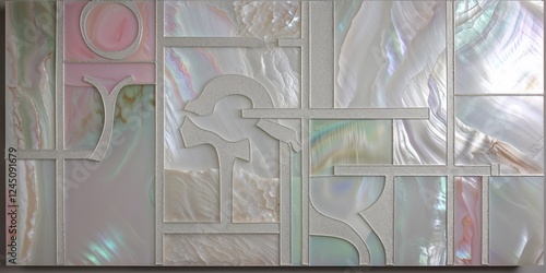 Iridescent Wall Art Mother of Pearl Mosaic in Abstract Geometric Design Neutral Colors