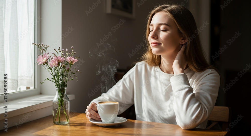 Woman Enjoying Coffee Near Window Peaceful Morning Woman Enjoying Coffee Near Window Peaceful Morning