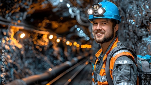 Miner with safety uniform in underground mine.