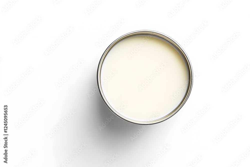 Top-down view of Aluminum can containing condensed milk elegantly designed placed on white background with light shadow. Emphasizing simplicity and premium quality. Perfect for advertising concepts. Top-down view of Aluminum can containing condensed milk elegantly designed placed on white background with light shadow. Emphasizing simplicity and premium quality. Perfect for advertising concepts.