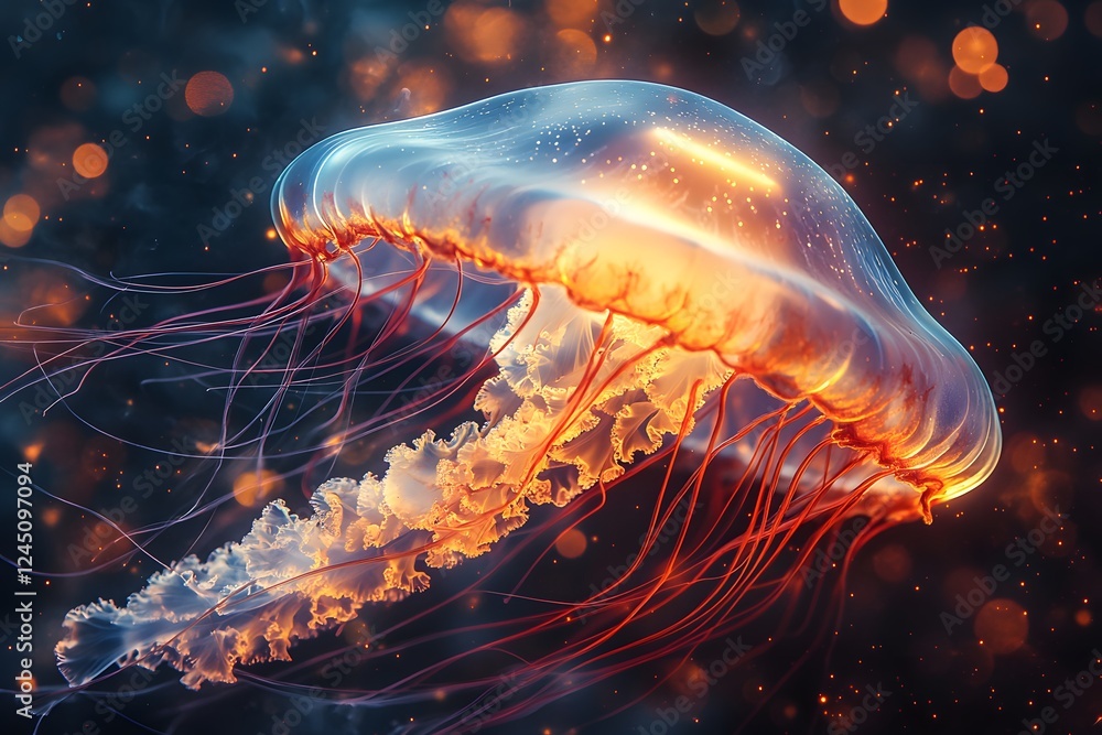 Glowing jellyfish drifts in dark ocean with sparkling background Glowing jellyfish drifts in dark ocean with sparkling background