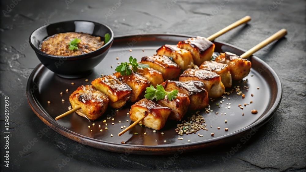 A perfectly grilled teriyaki chicken skewer resting on a black plate with a side of savory soy sauce dipping sauce and a sprinkle of toasted sesame seeds , chicken, teriyaki A perfectly grilled teriyaki chicken skewer resting on a black plate with a side of savory soy sauce dipping sauce and a sprinkle of toasted sesame seeds , chicken, teriyaki