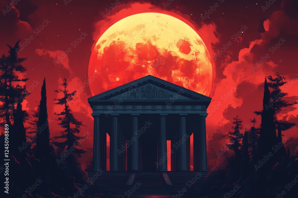 Fototapeta premium Ancient Temple Silhouetted Against A Blood Red Moon.