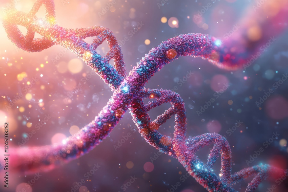 Close-Up Of A DNA Strand, Glowing With Vibrant Colors And Sparkling Particles. A Microscopic View Of Genetic Material. Close-Up Of A DNA Strand, Glowing With Vibrant Colors And Sparkling Particles. A Microscopic View Of Genetic Material.