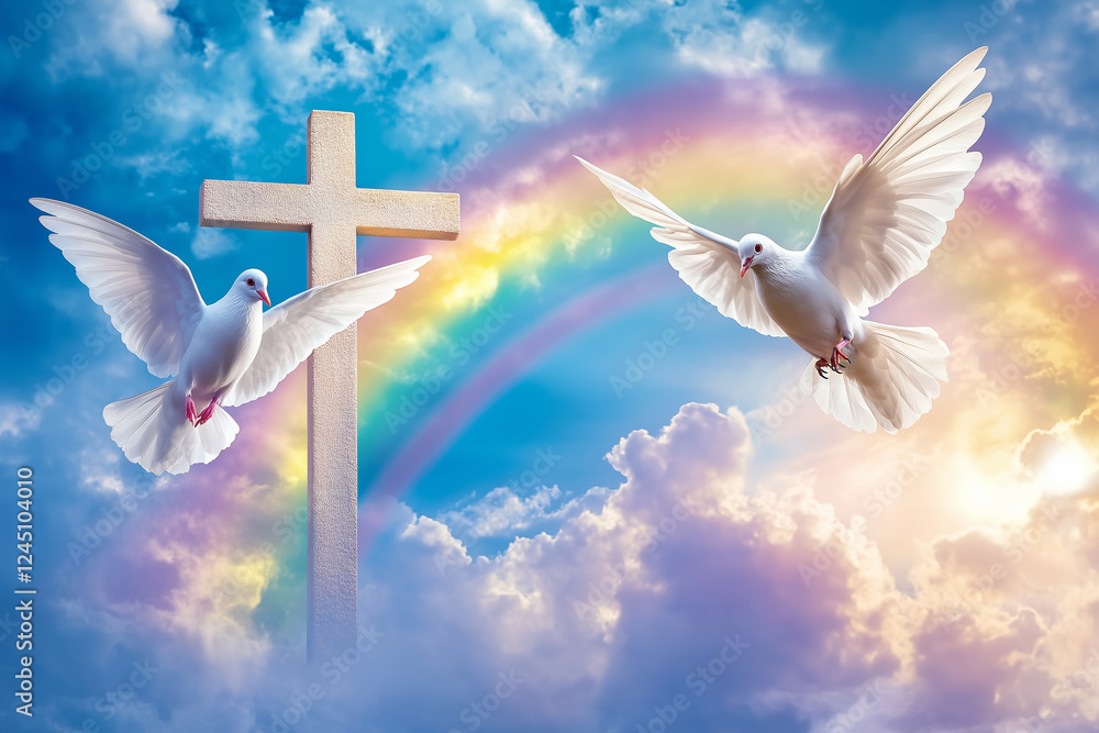 custom made wallpaper toronto digitala pair of doves with a rainbow and cross and a beautiful sky background
