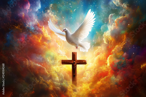 a powerful scene of a white dove above a Christian cross photo