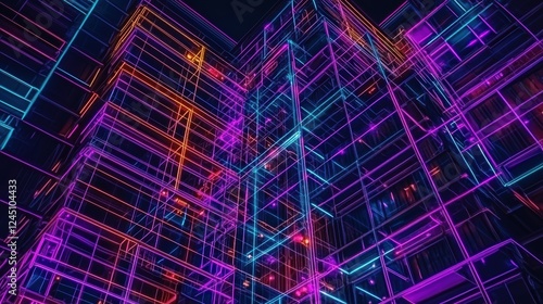 A vibrant, digital landscape featuring neon lines and geometric shapes, creating a futuristic and abstract architectural impression.