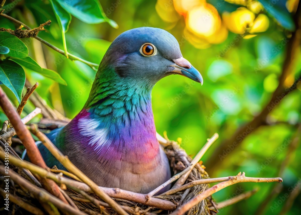 Obraz premium Pigeon Nest Close-Up, Bird Nest Tree, Wildlife Photography, Avian Nature, City Pigeon, Wild Bird, Feathered Friend, Bird in Nest High Resolution Image