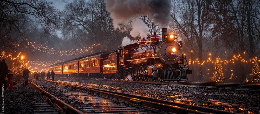 Festive steam train arriving at night, winter lights Festive steam train arriving at night, winter lights