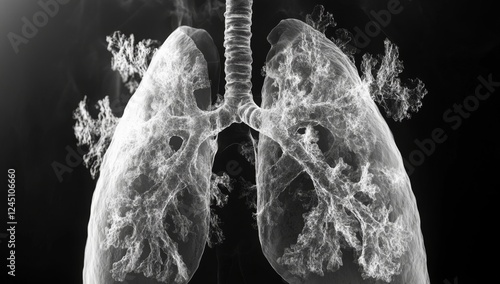 Diseased lungs, 3D scan, medical research, dark background, healthcare photo