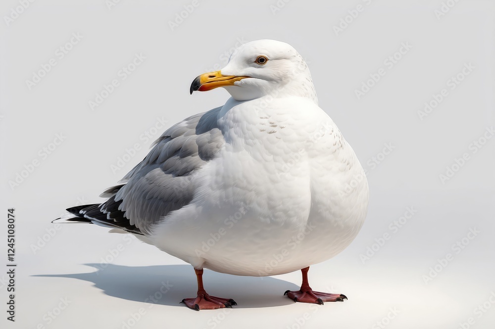A plump seagull stands on a white background, showcasing its grey and white plumage, yellow beak, and red legs. A plump seagull stands on a white background, showcasing its grey and white plumage, yellow beak, and red legs.