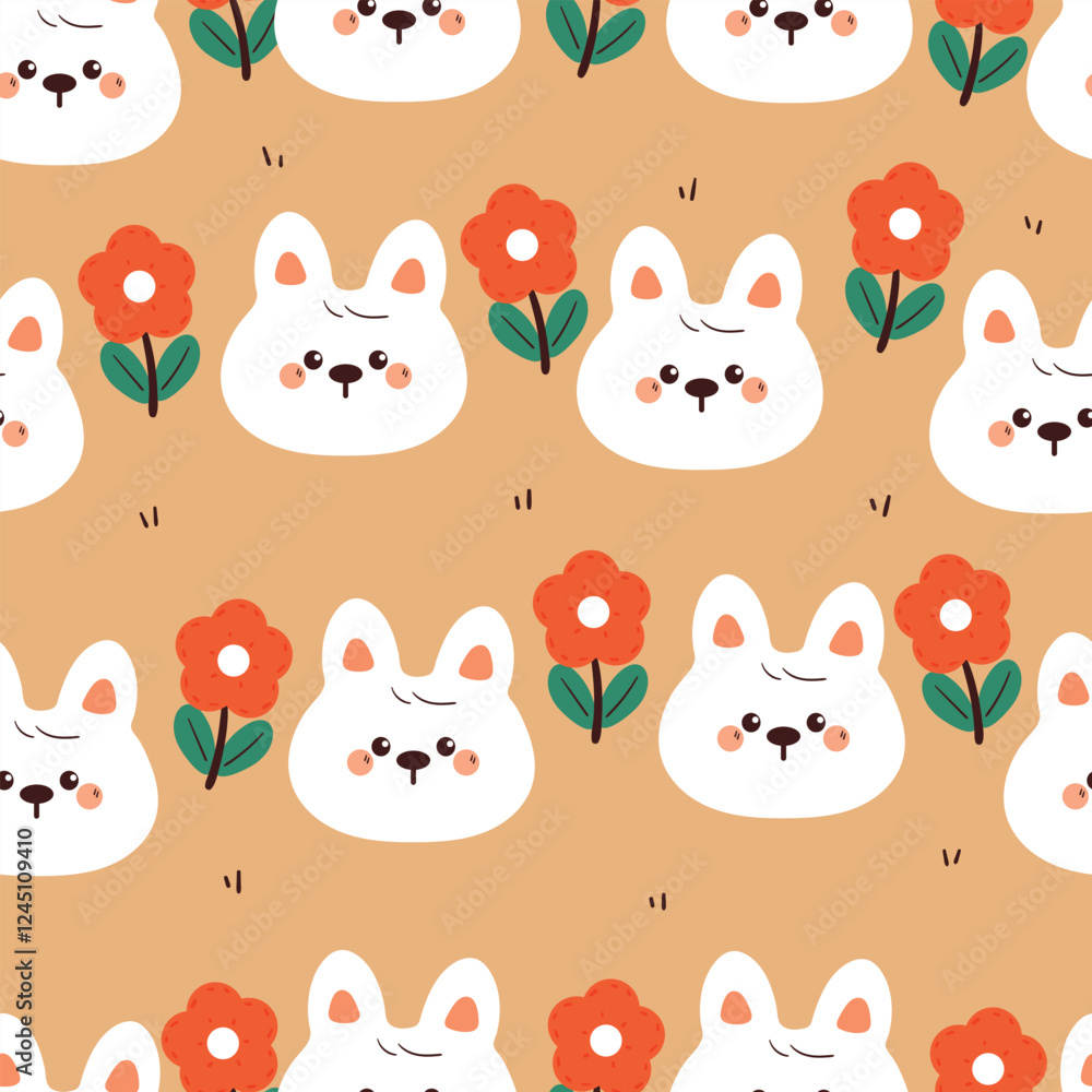 Naklejka premium seamless pattern cute cartoon white bunny with flower. cute animal drawing for wallpaper, pattern, background