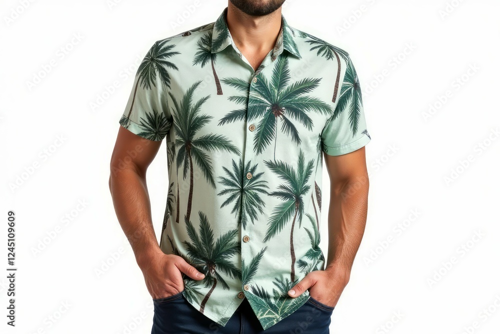 Fototapeta premium A man models a light green palm tree shirt