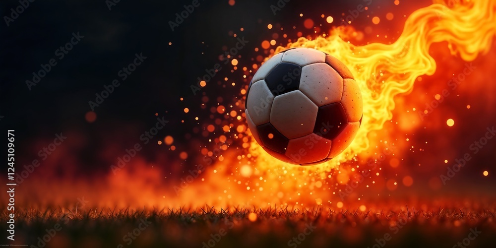 Fototapeta premium Soccer ball soaring through the air encircled by fiery flames with sparks trailing behind it