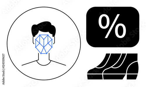 Face recognition grid on human face silhouette, percentage symbol in black box, lined up shopping bags. Ideal for technology, security, biometrics, retail, discounts, advertising consumer behavior