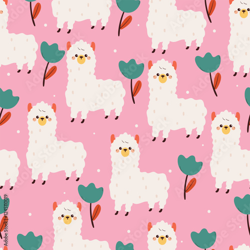 seamless pattern cute cartoon llama an flower. cute animal drawing for wallpaper, pattern, background