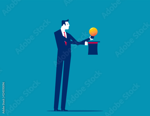 Business magician pulling a light bulb out of his hat. Business extraordinary magic trick vector flat style