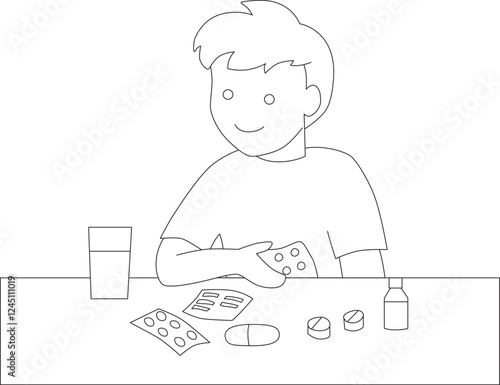 smiling white young man sitting at table and looking at medicines