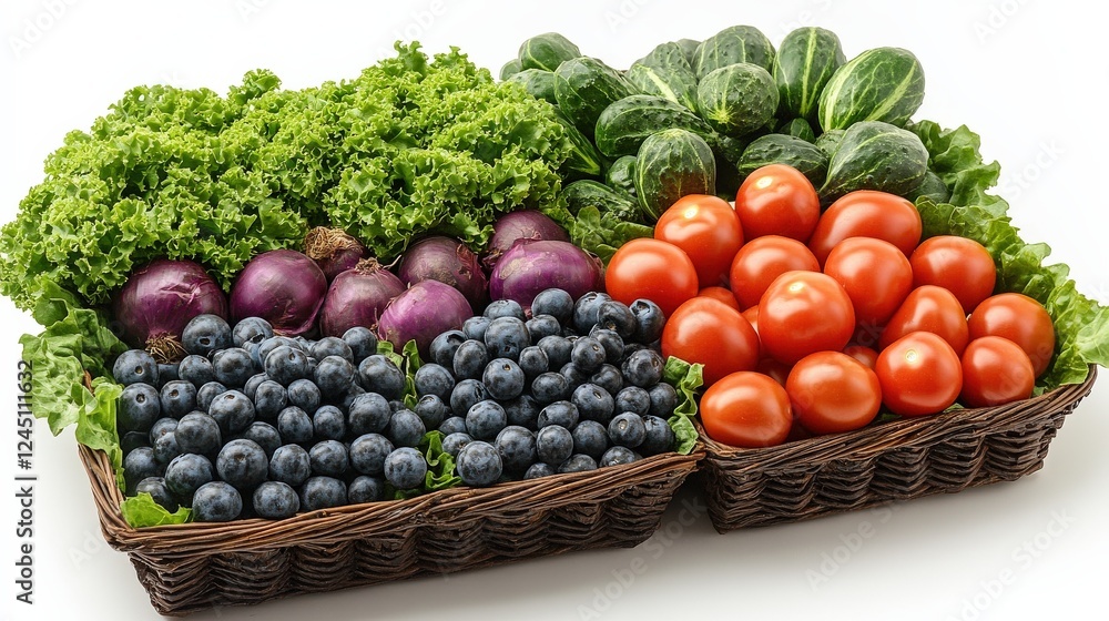 Freshly harvested vegetables and fruits arranged in baskets, showcasing vibrant colors and textures Freshly harvested vegetables and fruits arranged in baskets, showcasing vibrant colors and textures