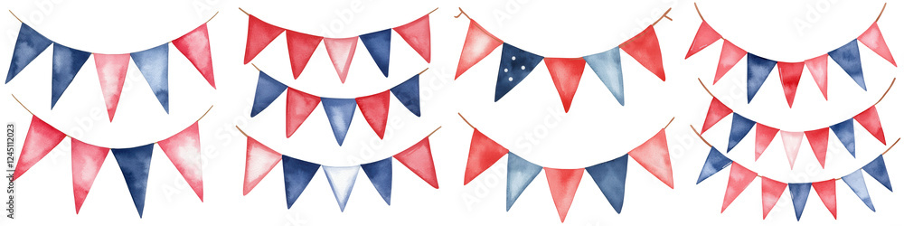 Obraz premium Colorful patriotic bunting flags in red, white, and blue for celebrations, isolated on transparent background.