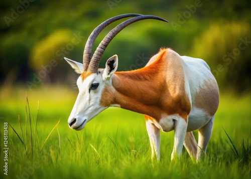 Scimitar-Horned Oryx Profile, Arabian Oryx Grazing, Endangered Oryx, Wildlife Photography, Oryx dammah,  African Antelope,  Green Grass, photo