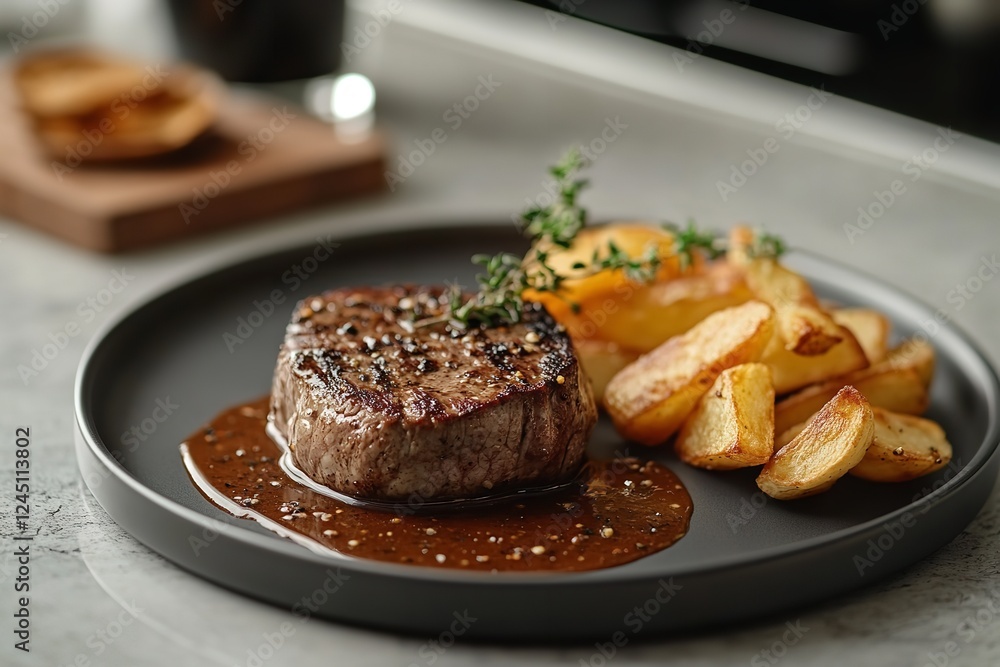 A succulent steak au poivre, pepper-crusted beef, topped with a shiny brown pepper sauce and accompanied by crispy fries, elegantly arranged on a sleek plate, placed on a modern kitchen countertop. A succulent steak au poivre, pepper-crusted beef, topped with a shiny brown pepper sauce and accompanied by crispy fries, elegantly arranged on a sleek plate, placed on a modern kitchen countertop.