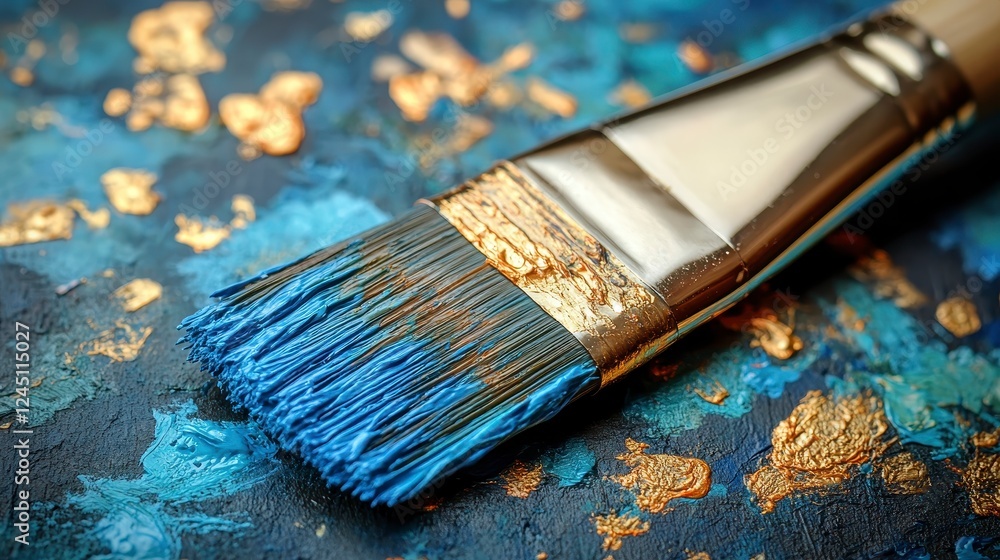 Blue paintbrush on artist's palette, close-up Blue paintbrush on artist's palette, close-up
