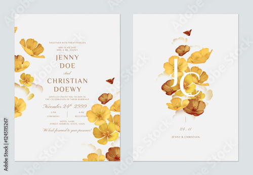 wedding invitation and save the date template set of delicate golden California Poppy flowers on a gray background, adding a contemporary and stylish feel