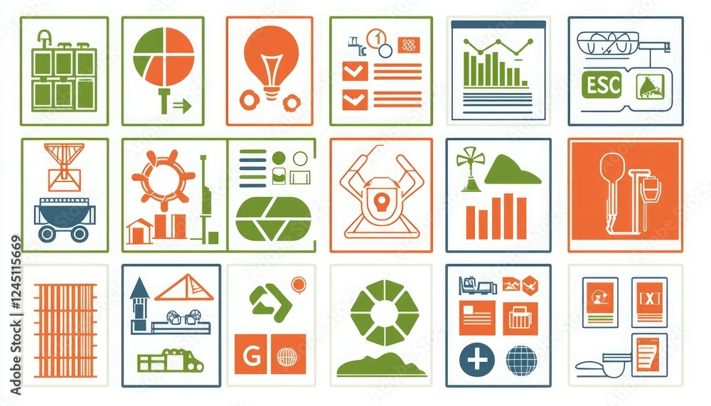 A collection of colorful icons representing various themes like technology, data analysis, renewable energy, and business processes. A collection of colorful icons representing various themes like technology, data analysis, renewable energy, and business processes.