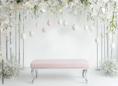 Elegant Easter Photography Backdrop with Pink Bench and Flowers photo