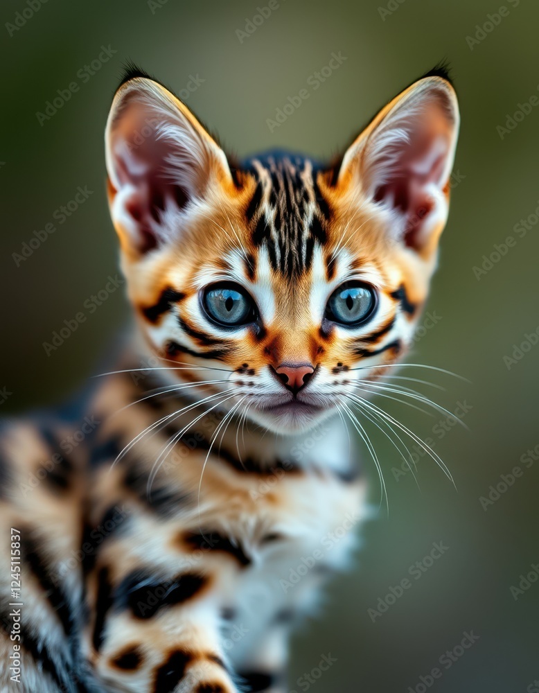 Close-up view of a playful bengal kitten with striking patterns in natural light Close-up view of a playful bengal kitten with striking patterns in natural light