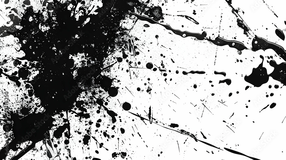 Naklejka premium Abstract black paint splatters on a white canvas, creating a dynamic visual effect, suitable for art backgrounds