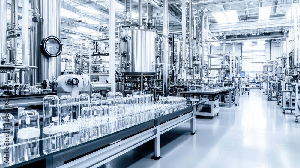 Fototapeta premium A high-tech industrial facility featuring rows of glass containers and advanced machinery, emphasizing cleanliness and precision in manufacturing.