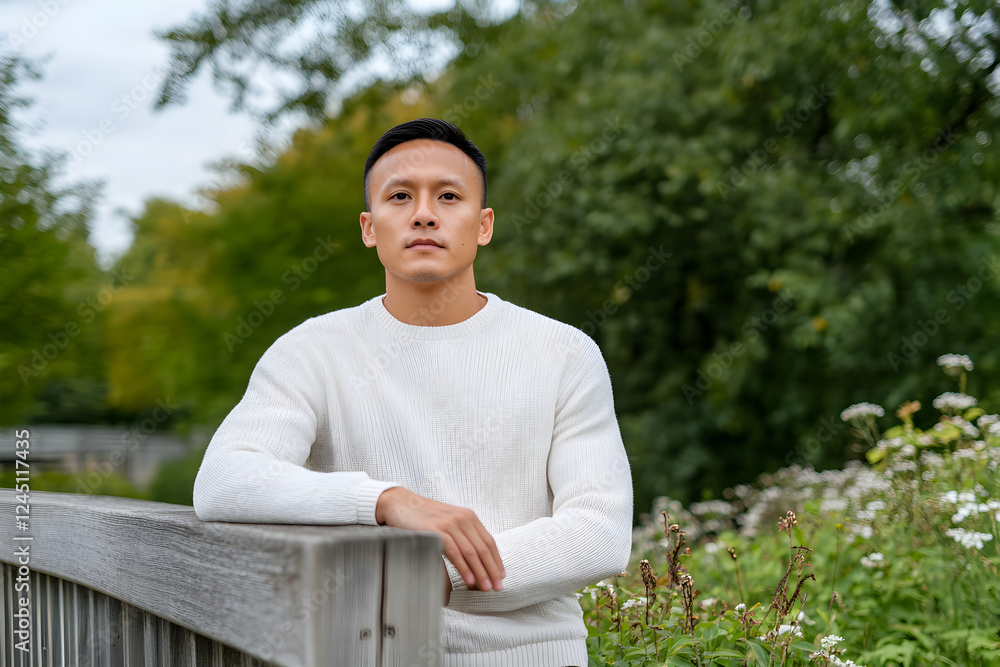 A handsome Asian man in a lightweight knitted sweater leans against a wooden fence, gazing into the distance, surrounded by fresh green trees and delicate wildflowers