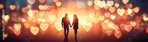 A romantic silhouette couple holding hands against a dreamy bokeh background. photo