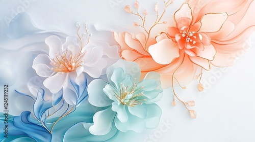 Pastel Floral Digital Painting: Delicate Blooms on a Soft Blue Background AI Generated